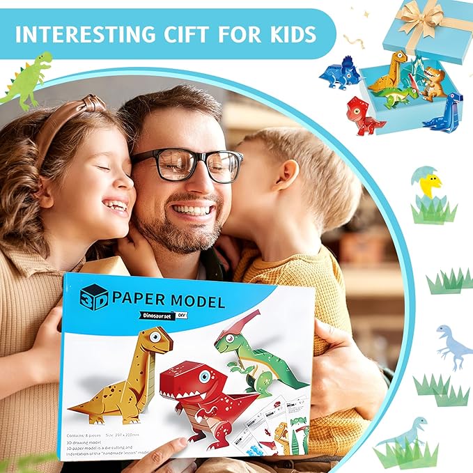 Paper Craft 3D Puzzle DIY Puzz Kits (8 PCS/Kit) Cartoon Art Craft Gift for Kids, No Need Scissors, Include Adhesive Paper, Art Supplies in Class, Cubic Art Decor Paper Model Craft Kit (Animals)