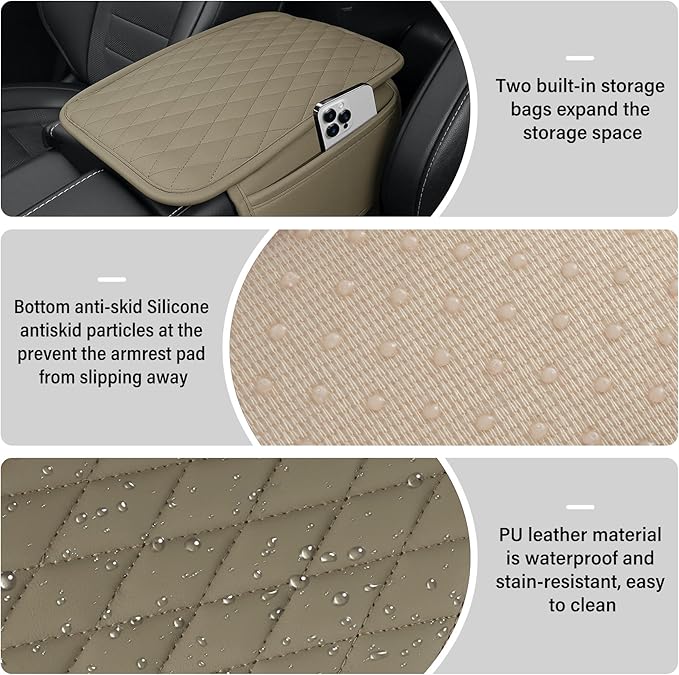 Amiss Car Center Console Cover, Upgraded Leather Car Armrest Cushion with 2 Storage Pockets, Universal Waterproof Cushion Pad, Non-Slip Car Interior Accessories, Fits Most Sedans SUVs Trucks (Beige)