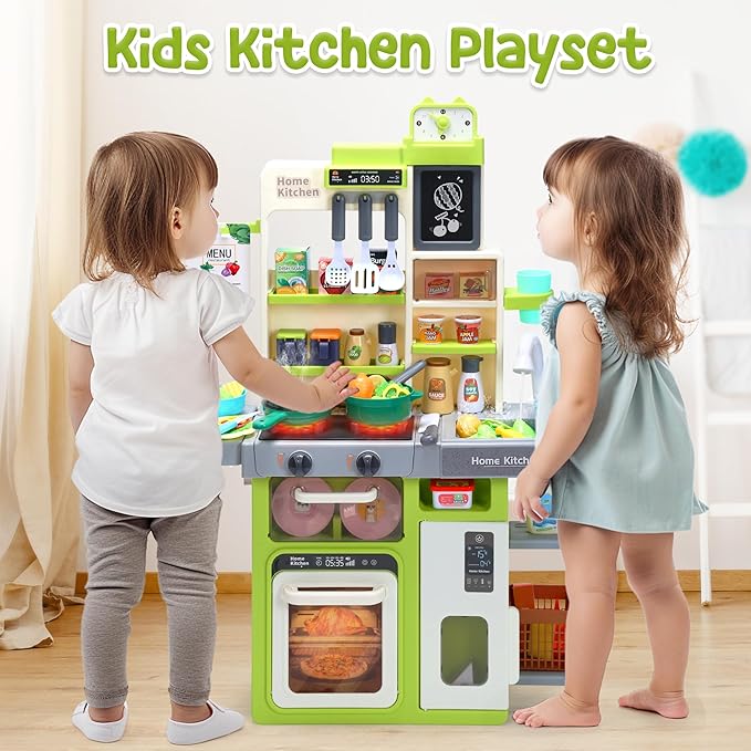 HOLYFUN Kids Kitchen Playset, Pretend Play Kitchen with Sounds and Lights, Cooking Stove Steam,Play Sink and Play Food,Toy Kitchen Set for Kids Toddlers, Green