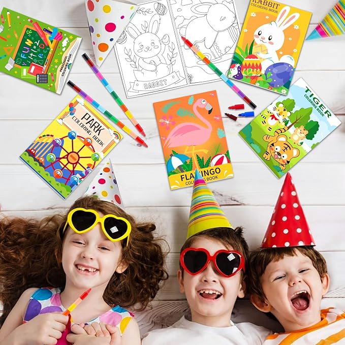20 Pack Coloring Books for Kids with 20 Stacking Crayons Set Mini Coloring Books Bulk for Kids Ages 2-4-8-12 Small Activity Books For Birthday Party Favors Gifts Goodie Bags Stuffers Classroom