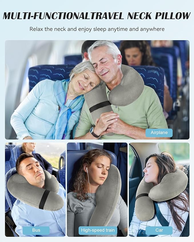 BLABOK Inflatable Neck Pillow for Travel, Travel Pillow Support Head and Neck, Travel Neck Pillow for Airplane,Train,Car,Office,Home,Washable Cover (Grey)