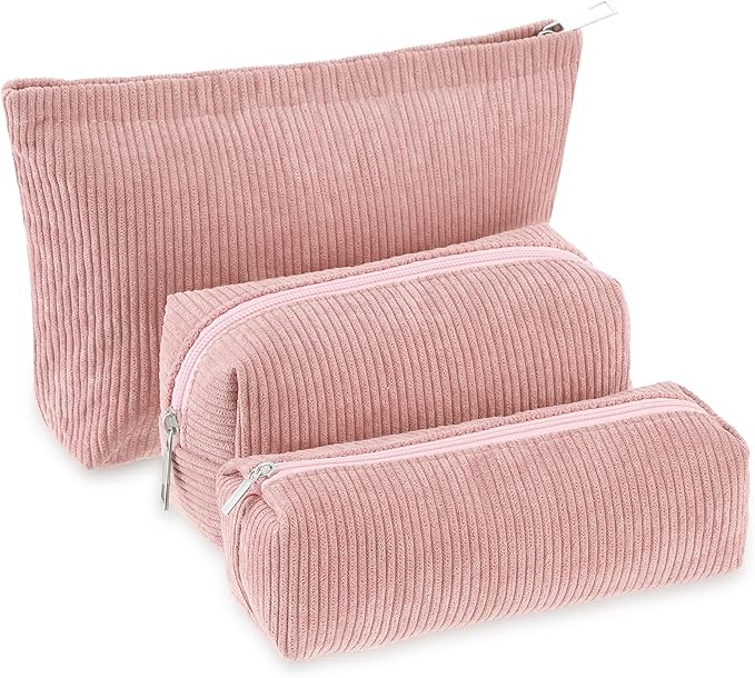 Huhumy 3 Pcs Makeup Bag Set for Women Corduroy Cosmetic Pouch Aesthetic Smile Travel Toiletry Bag Cute Purse Pouch Pencil Case Makeup Brushes Storage Organizer for Valentine(Pink,Solid Style)