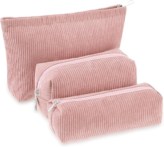 Huhumy 3 Pcs Makeup Bag Set for Women Corduroy Cosmetic Pouch Aesthetic Smile Travel Toiletry Bag Cute Purse Pouch Pencil Case Makeup Brushes Storage Organizer for Valentine(Pink,Solid Style)