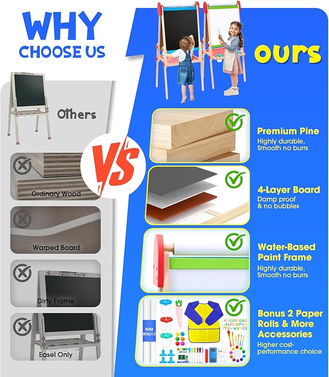 Art Easel for Kids, 3 in 1 Adjustable Double Sided Kids Easel with Magnetic Whiteboard, Chalkboard, 2 Paper Rolls and Accessories, All in One Wooden Toddler Easel, Art Easel for Kids Ages 2-4 4-8 8-12