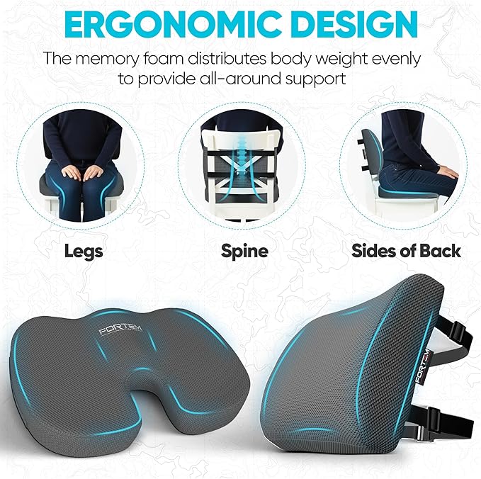 FORTEM Seat Cushion, Office Chair Cushion, Lumbar Support Pillow for Office Chair, Memory Foam Sciatica Coccyx Tailbone Pressure Pain Relief, Car Sitting Pad, Washable Non Slip