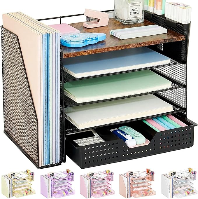 OPNICE Desk Organizer, 5-Tier Paper File Organizer with Drawer & Pen Holder, Office Desk Accessories, Workspace Desktop Organizer for Office Supplies(Brown Wood)