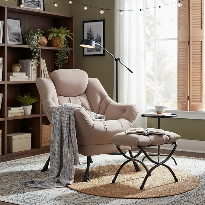 Welnow Lazy Chair with Ottoman, Modern Reading Lounge Accent Chair with Armrests and a Side Pocket, Leisure Upholstered Lazy Sofa Set with Footrest for Small Space, Khaki
