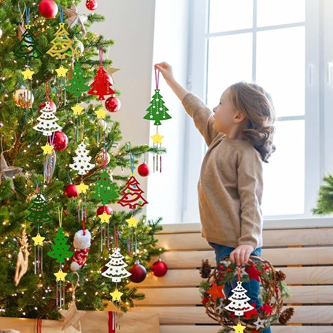 12 Pack Wind Chime Kit for Kids,Christmas Craft Kits DIY Christmas Tree Wind Chime Unfinished Wooden Xmas Tree Ornaments for Boys Girls Activity Art Project Decor