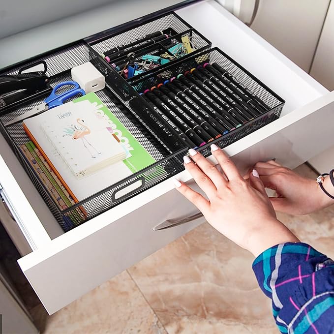 Office Drawer Organizer 3 Pack, Office Supplies Desk, Black Mesh Drawer Organizer Hold Pens & A4 Sized File, 12 x 9 Inches Visit the Store