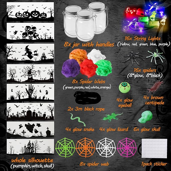 Halloween Crafts Activities For Kids Ages 4-12,8 Pack Glass Mason Jar for School Halloween Art Activities,Halloween Craft Supplies,DIY Lantern Jar for Gifts Halloween Party Favors,Classroom Prizes