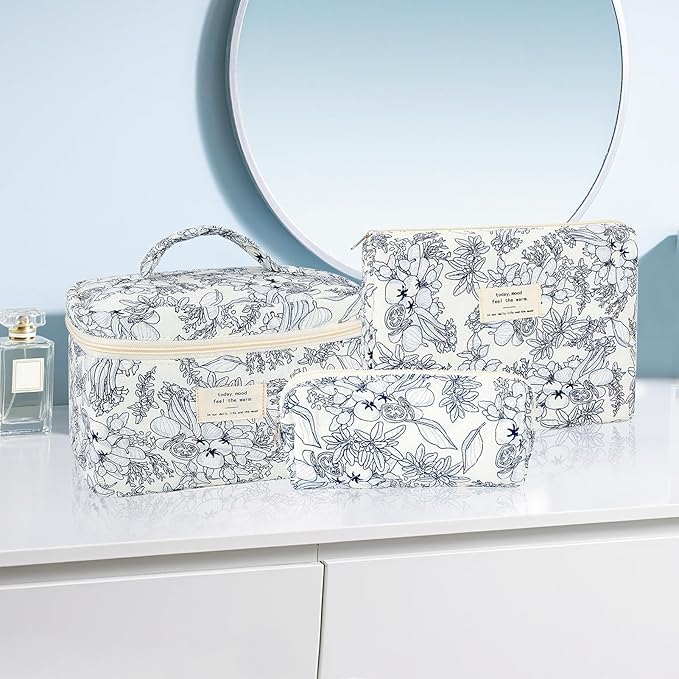 URSKYTOUS 3Pcs Cotton Quilted Makeup Bag for Women Girls Large Small Travel Black Floral Cosmetic Bags Set Cute Coquette Makeup Pouch for Purse Aesthetic Cloth Flower Storage Toiletry Bag Organizer