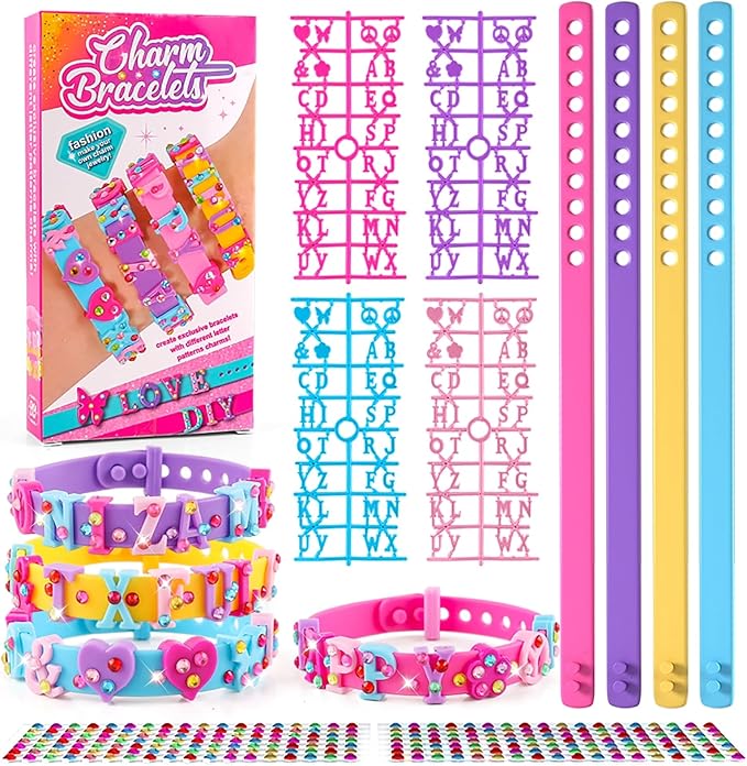 Kids Silicone Bracelets with Rhinestone Stickers - Adjustable Letter Rubber Bracelets Wristbands, Boys Girls Dress Up Jewelry Accessories Party Favors Decoration Birthday Gifts for Ages 6 7 8