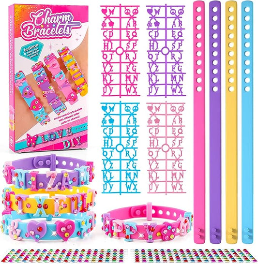 Kids Silicone Bracelets with Rhinestone Stickers - Adjustable Letter Rubber Bracelets Wristbands, Boys Girls Dress Up Jewelry Accessories Party Favors Decoration Birthday Gifts for Ages 6 7 8