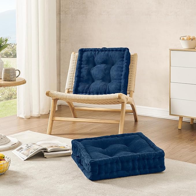 Wellsin Square Floor Pillows for Adults Kids - Meditation Floor Pillow Seating Cushion - Tufted Floor Cushion with Shredded Foam & Velvet Cover, 2 Pack, 20x20 Inch, Dark Blue