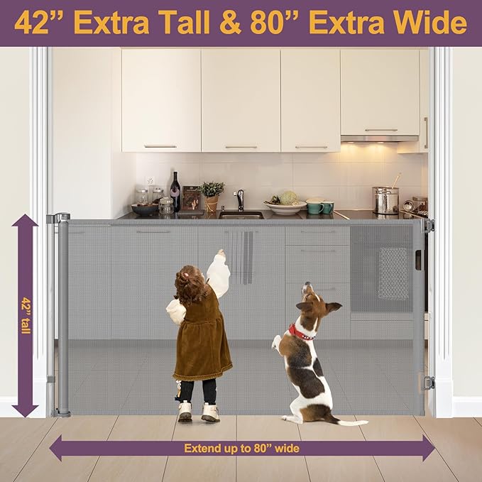 42" Tall X 80" Wide Retractable Dog Gates for Large Openings Extra Tall Retractable Baby Gates for Doorways Extra Tall Pet Gate Indoor Outdoor Long Baby Gate Large Mesh Dog Gate (Gray)