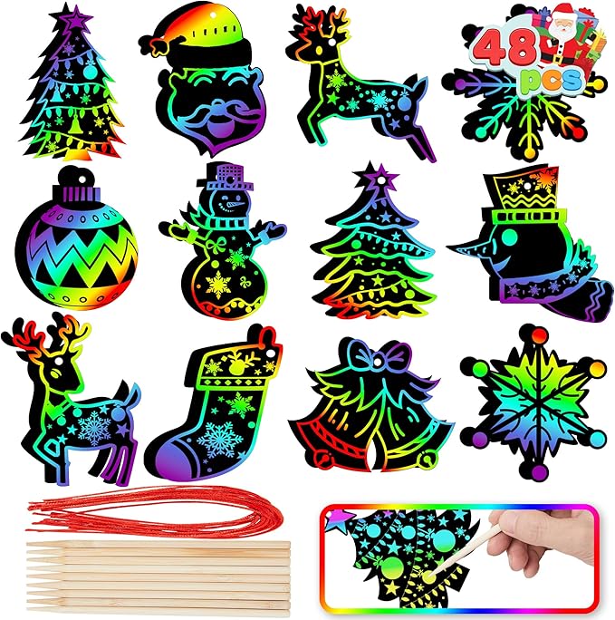 JOYIN 48 Pcs Christmas Scratch Art Ornaments, Scratch Paper Craft Kit Include Snowman, Snowflakes, Christmas Tree, and Reindeer, Rainbow Color Scratch Off Hanging Ornament for Kids Party Favors