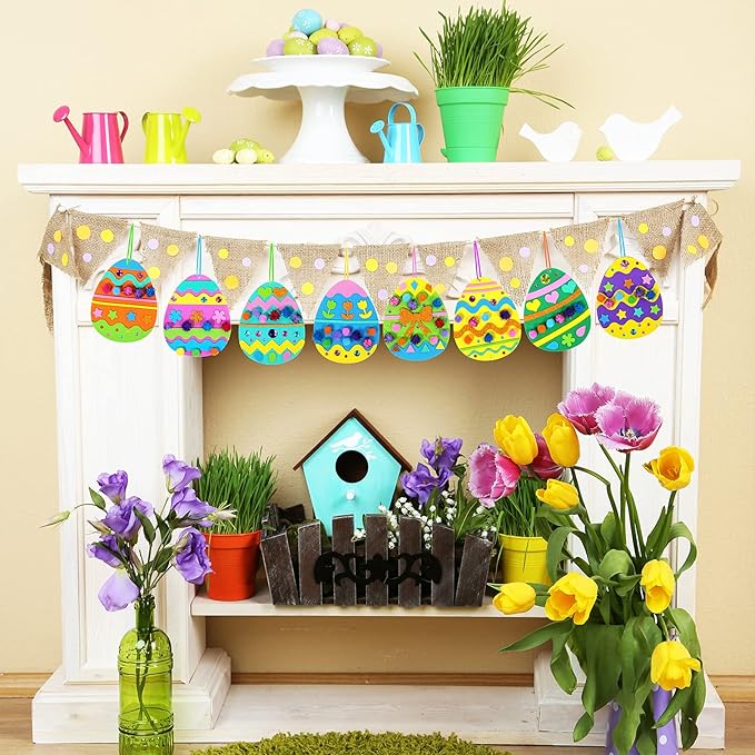 24 Sets Easter Egg Ornaments Decorations DIY 3D Easter Craft Kits Assorted Egg Shaped Foam Cutouts Easter Foam Stickers Pom-poms for Kids Party Favors Easter Spring Classroom Activity Art Project