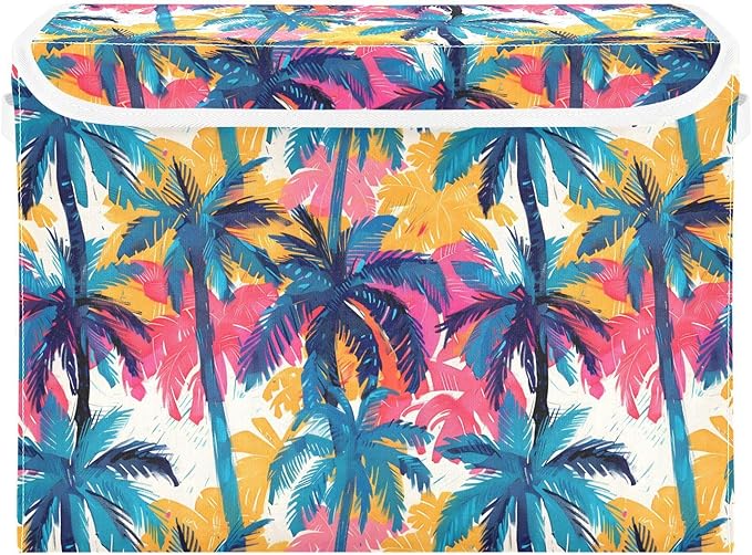 senya Large Storage Bins with Linen Collapsible Foldable Storage Cubes Fabric Closet Organizer Containers box with Flip-Top Lid for Home Bedroom Office 16.7 x 12.6 x 11.8in (Dinosaur Palm Trees)
