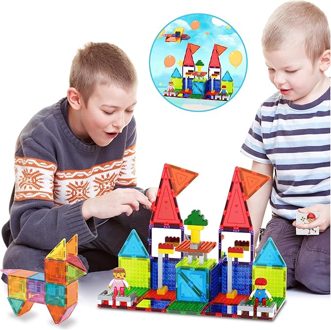 PicassoTiles 333pcs Magnetic Brick Tile and Magnetic Tile Combo Set, Action Figures included, Building Blocks STEM Toys, Educational Montessori Preschool Toddler classroom learning toys, Kids activity
