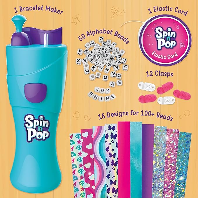 Imagimake Spin n Pop DIY Bracelet Making Kit | Patented Electric Bracelet Maker | Ages 8-13 | Create 10 Unique Bracelets with Shiny Foil Beads, Alphabet Beads & Clasps for Teen Girls
