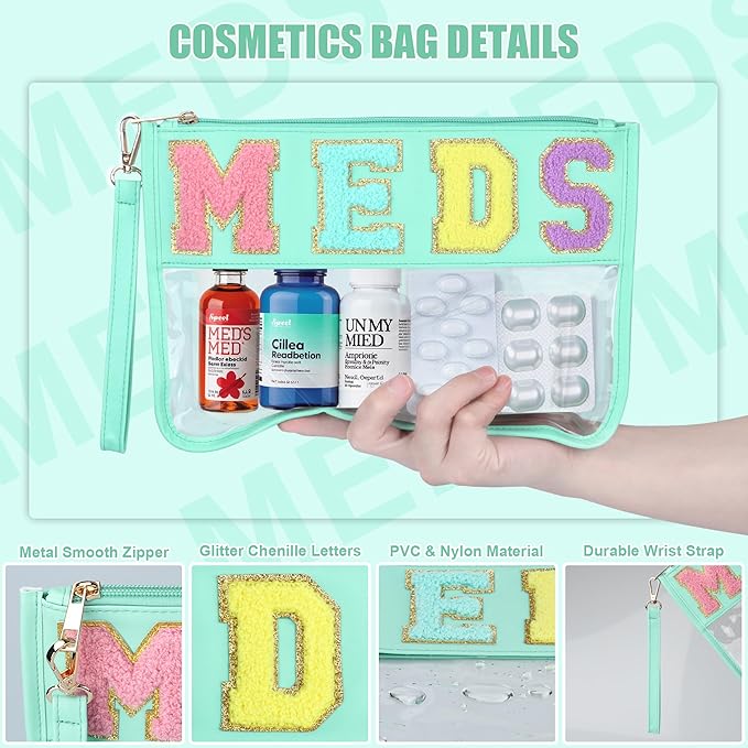 BuyCard Chenille Letter Clear Medicine Bags, Makeup Meds Bags, Preppy Patch Cosmetic Bag with Zipper and Wristlet, Waterproof PU&PVC Toiletry Medicine Storage Case, Portable Travel Drugs Pills Pouch