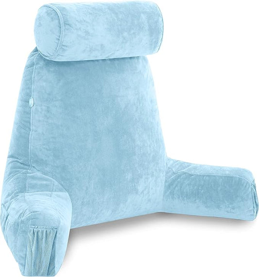 Husband Pillow Medium Sky Blue, Backrest for Kids, Teens, Petite Adults - Reading Pillows with Arms, Adjustable Loft, Plush Memory Foam, Bed Rest Chair Sitting Up, Detach Neck Roll, Removable Cover