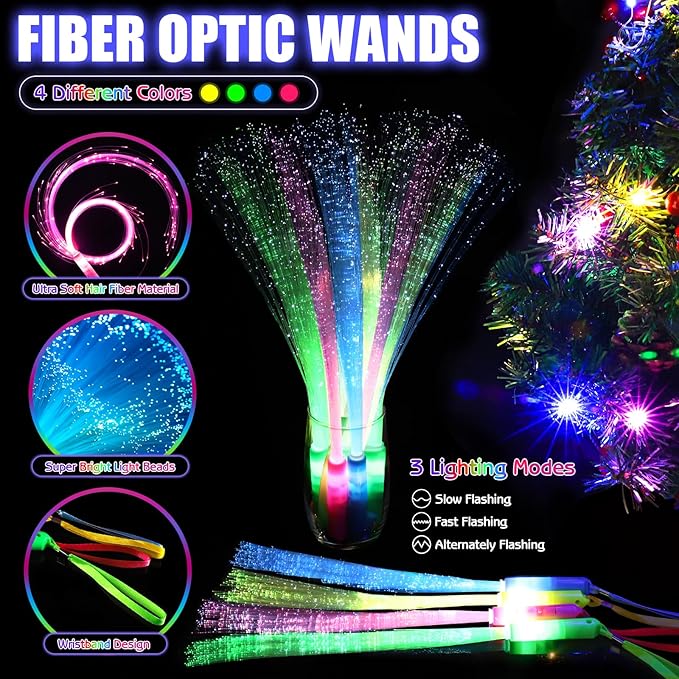 196PCS Glow in the Dark Party Supplies, Light Up Party Favors with 24 LED Glasses, 24 Fiber Optic Wands, 8 Hairbands, 40 Finger Lights,100 Glow Sticks for Kids Adults Neon Party Decorations