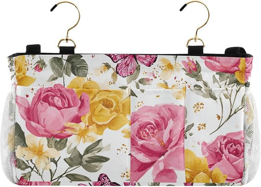 Pink Yellow Roses and Butterflies Bedside Caddy for Dorm Bed Bedside Hanging Caddy Bag Iron Frame Storage Organizer Pocket for Bunk Home College Hospital Beds 2 Hooks