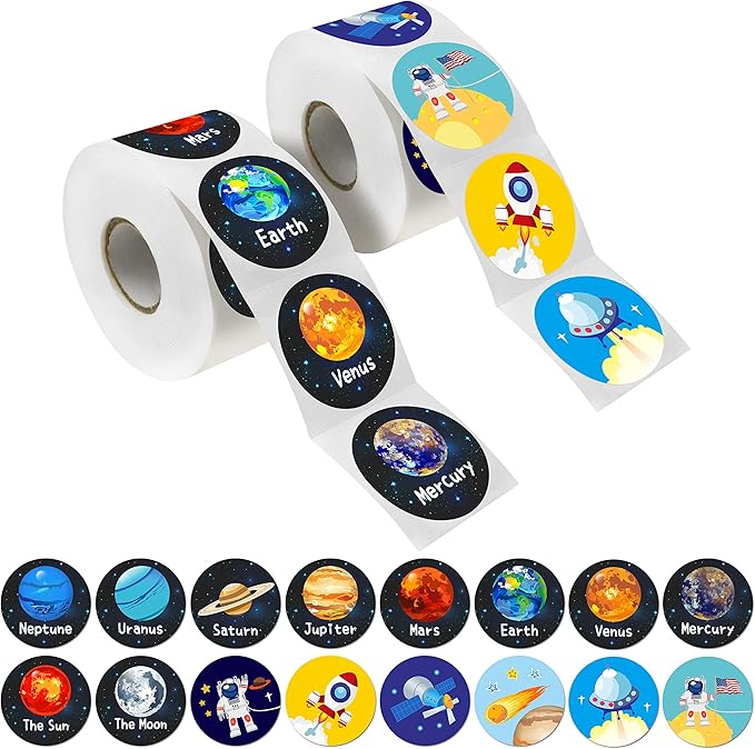 600 PCS Solar System Stickers in Rolls with Perforation Line. Perfect for Toddlers and Kids. 1.5” (Expanded Edition with Astronauts, Comet, The Moon and Satellites)