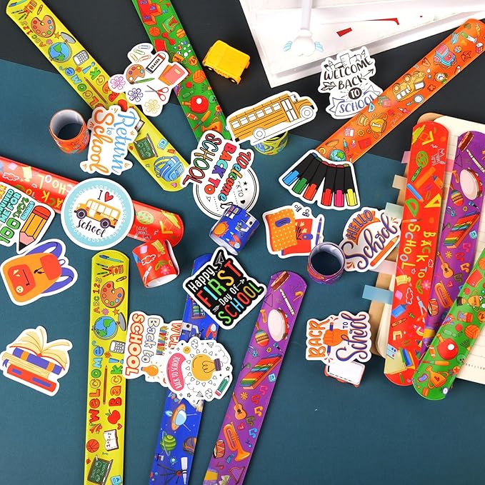 48 Pcs Back to School Slap Bracelets and 50 Pcs Party Stickers with Student Study Theme Slap Bracelets Wristbands for First Day of School Decorations, Classroom Rewards, Kid Birthday Gifts