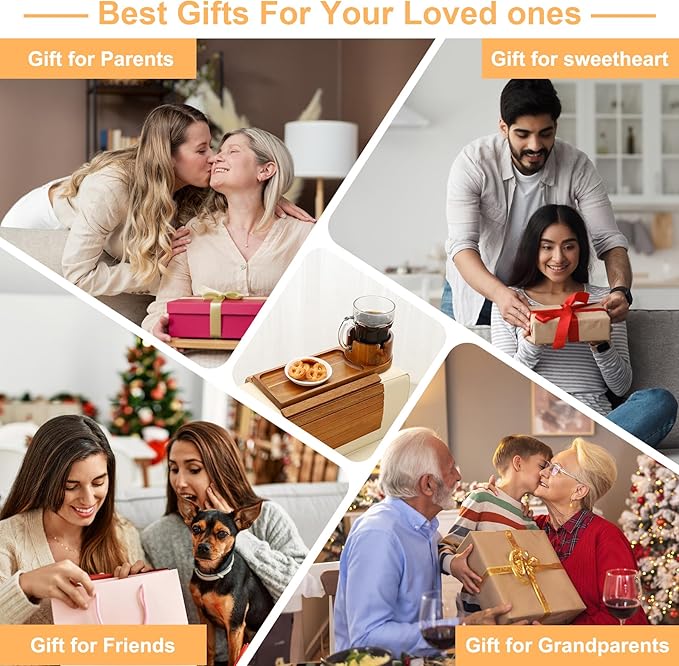 Couch Cup Holder, Acacia Wood Couch Arm Tray with 360° Rotating Cup Holder,Foldable Anti-Slip Sofa Arm Chair Tray for Eating Snack Drink Side Table