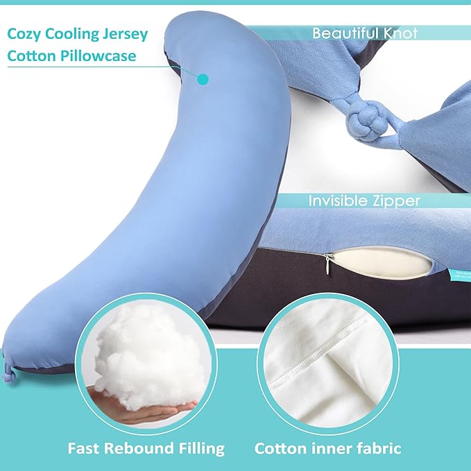 BYRIVER 43" Long C Shaped Body Pillow for Adults Men Women, Side Sleeper Pillow for Neck Shoulder Back Pain Relief, Cooling Post Sugery Pillow Pregnancy Pillow, Blue Black Washable Pillowcase (XL)