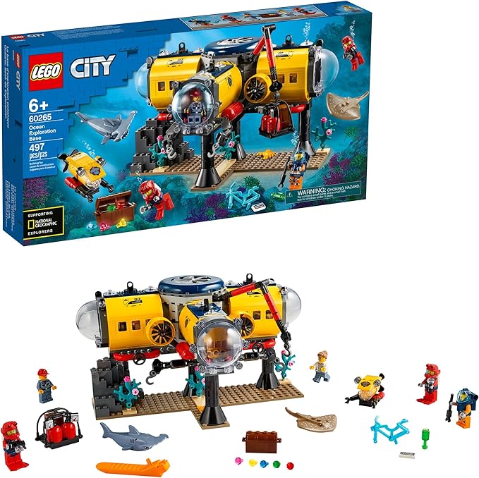 LEGO City Ocean Exploration Base Playset 60265, with Submarine, Underwater Drone, Diver, Sub Pilot, Scientist and 2 Diver Minifigures, Plus Stingray and Hammerhead Shark Figures (497 Pieces)
