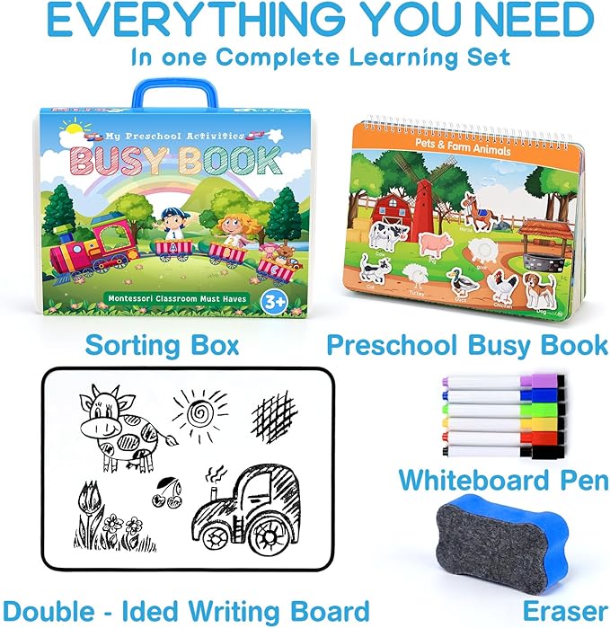 Busy Book for Toddlers, Montessori Toys for 3+ Year Old, Preschool Learning Activities Autism Sensory Toys Travel Toys Educational Toys Book with Classified Storage Box and Writing and Drawing Board
