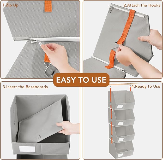 4 Pcs Modular Closet Organizer - Detachable & Foldable Hanging Storage Cubes, 88L Total Capacity, Heavy Duty Fabric Shelves for Wardrobe, Closet Organization, RV, Dorm, Grey
