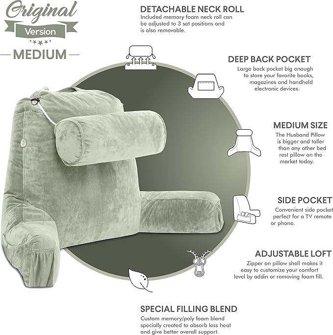 Husband Pillow Medium Desert Sage, Backrest for Kids, Teens, Petite Adults - Reading Pillows with Arms, Adjustable Plush Memory Foam, Bed Rest Chair Sitting Up, Detach Neck Roll, Removable Cover