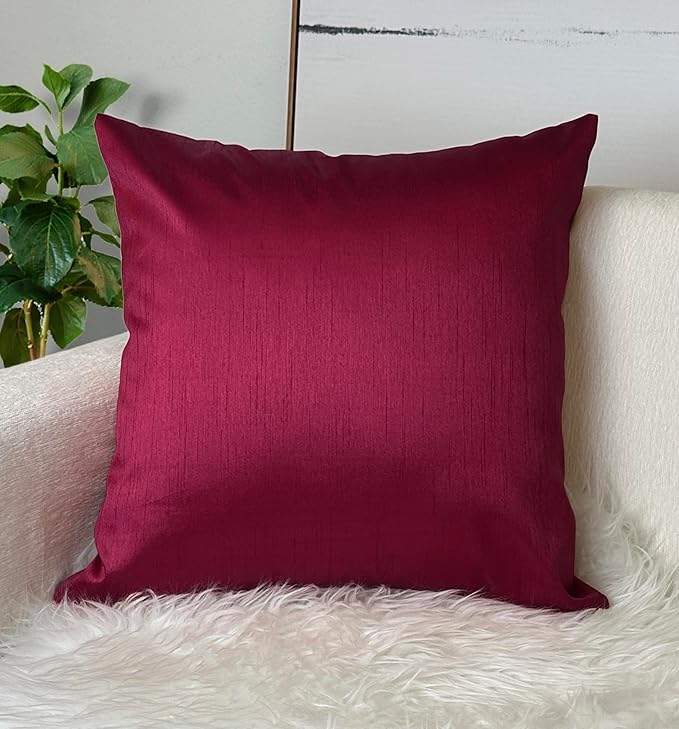 Aiking Home 18x18 Inches Faux Silk Square Throw Pillow Cover, Zipper Closure, Burgundy (Set of 2)