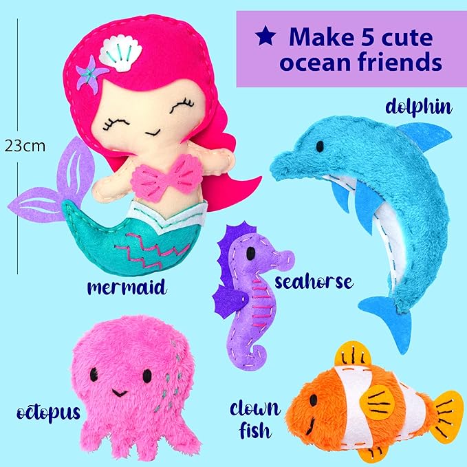 KRAFUN Mermaid Sea Animals Beginner Sewing Kit for Kids Art & Craft kit, Includes 5 Soft Plush Dolls, Instructions & Felt Materials for Learn to Sew, Embroidery Skills, Gift for Girls Educational
