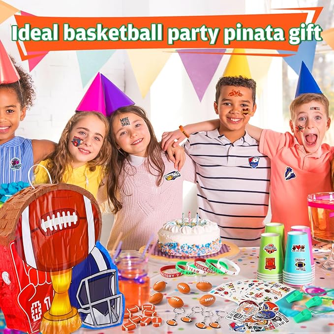 162 Pcs Football Piñata Football Party Favors with Blindfold Confetti Bat Stress Balls Keychains Wristbands Whistles Eraser Slap Bracelet Stickers Sports Piñata Birthday Party Decorations
