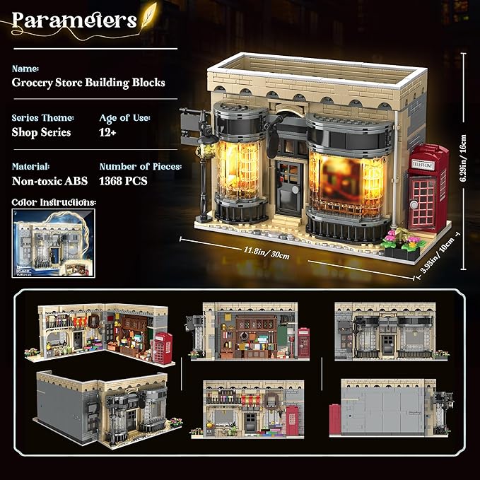 Grocery Store Building Blocks for Adults, for BookNook Building Set with LED Light, Shop Window and Telephone Booth, House Building Toy for Home Decor Bookshelf, 1368Pcs