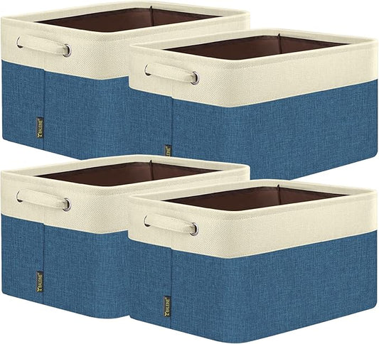 BALEINE 4 Pack Fabric Storage Bins for Shelves, Linen Storage Baskets for Organizing, Decorative Closet Bins for Clothes, Home (Navy Blue, 12"x8"x8")