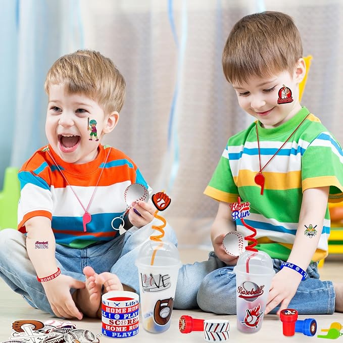146 Pcs Baseball Party Favors, Sports Party Supplies with Cup Straw Baseballl Keychain Tattoo Sticker Slap Bracelet Whistle Treat Bag Gifts for Classroom Rewards Sports Birthday Party (Baseball)