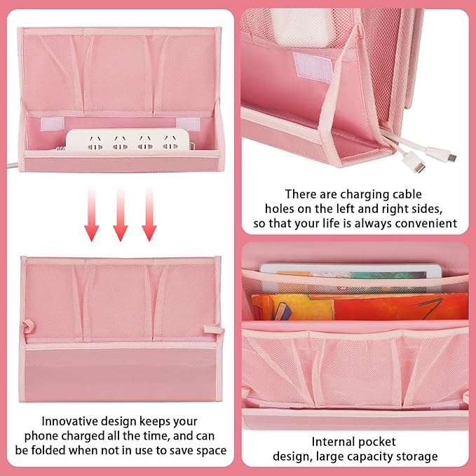 Bedside Caddy Bedside Storage Organizer Bedside Organizer with Power Strip Holder and 2 Adjustable Straps for Home Bunk Bed Dorm Sofa (Pink)