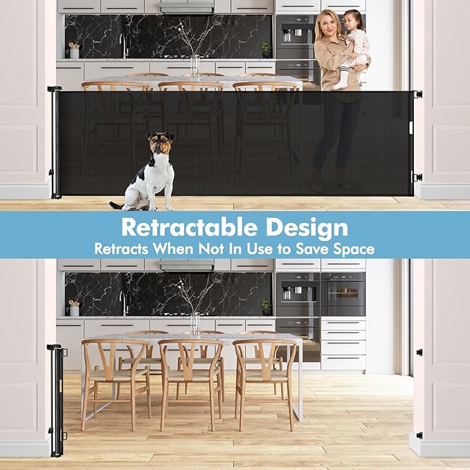 75 Inch Extra Wide Retractable Baby Gate for Wide Openings Child Gate Indoor Outdoor Retractable Gate Large Baby Gate Retractable Gates for Dogs Mesh Dog Gate for Stairs, Doorways, Porches, Black