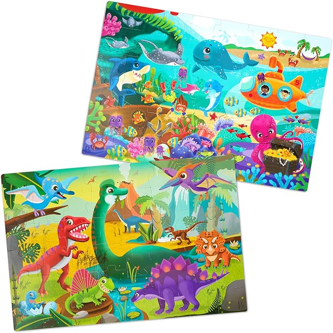 B. toys- Gigantic Jigsaw 2-Pack - Sea & Dinosaurs- 48-Piece Floor Puzzles – 2 Puzzles, Ocean & Dinos – Large 2 x 3 Feet Jigsaw Puzzles for Kids – Educational & Developmental Toys – 3 Years +