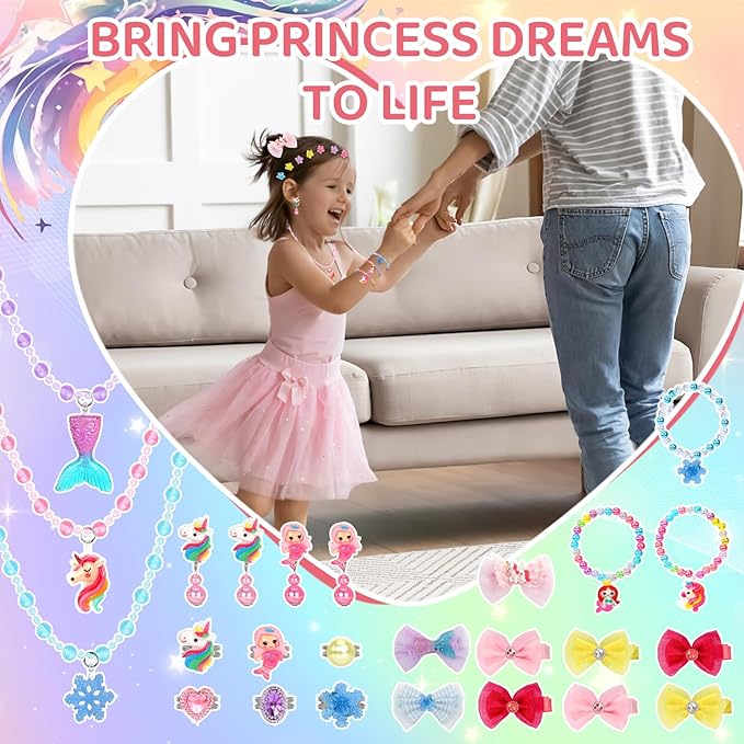 Kids Jewelry for Girls, 68Pcs Toddler Jewelry Toys Princess Dress Up Jewelry Set, Necklaces, Bracelets, Kids Rings, Hair Ties, Hair Clips, Funny Christmas Birthday Gifts for 3 4 5 6 7 8 Year Old Girl