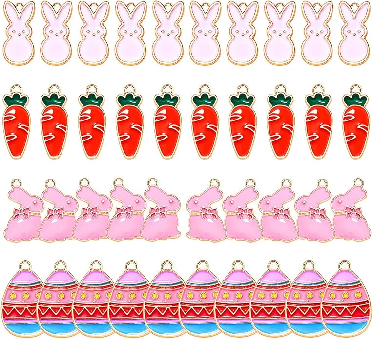 40PCS Easter Charms Enamel Bunny Carrot Egg Pendant Charms for Jewelry Making Cute Meatl Animal Rabbit Charms for Necklace Bracelet Earring Making DIY Crafts