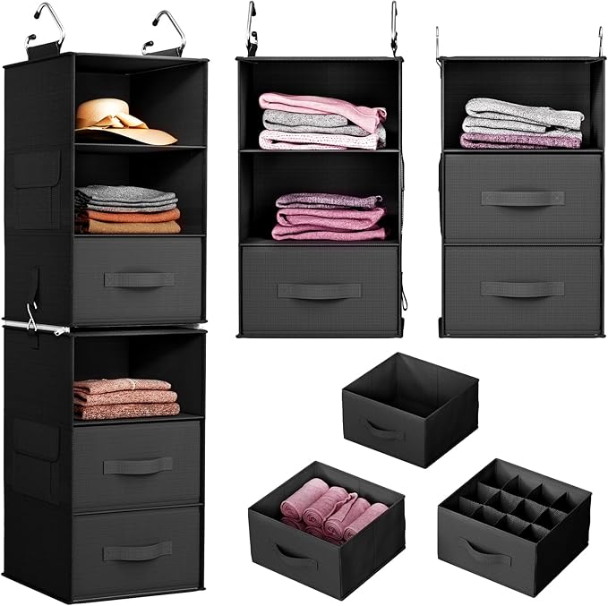 Pipishell 6-Shelf Hanging Closet Organizer with 2 Separable 3-Tier Shelves, 3 Drawers & Side Pockets Closet Organizers and Storage for Wardrobe Organization and Nursery Clothes Organizer, Black