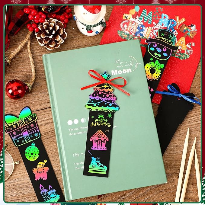JUNEBRUSHS 30Pcs Christmas Scratch Bookmarks, Rainbow Magic Scratch Paper Art Christmas Tree Santa DIY Crafts Kit for Xmas Hanging Ornaments Christmas Party Favors Gifts