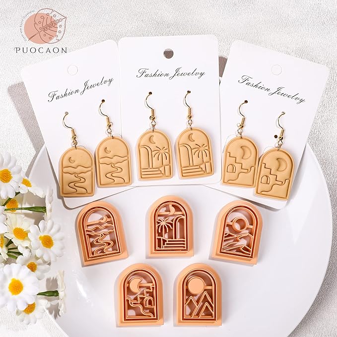Puocaon Boho Polymer Clay Cutters - 6 Pcs Clay Cutters for Polymer Clay Earrings Making, Boho Landscapes Arch Clay Cutters, Embossing Scene Desert Sun Moon Clay Cutters for Jewelry Making